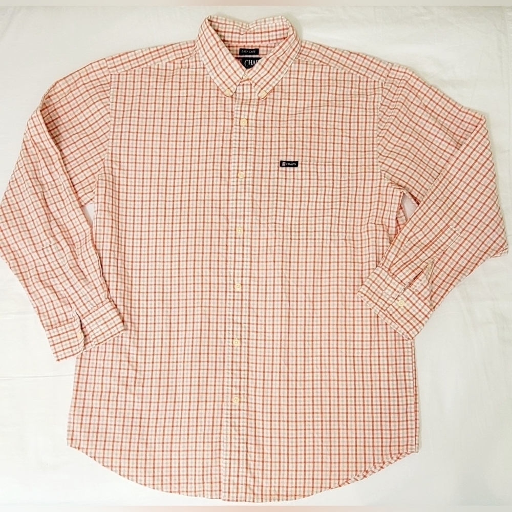 Chaps Button Up Dress Casual Shirt Men's Large Red Geometric Plaid 100% Cotton